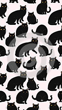 Seamless Pattern of Black Cats on a Light Pink Background