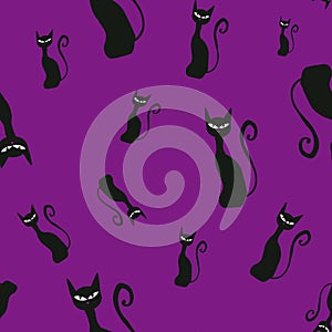 Seamless pattern with black cats on violet background. Halloween print. Kids room design, stationery, packaging, postcard, wallpap