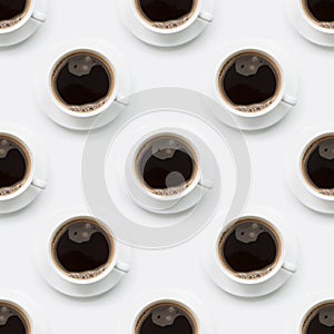 Seamless pattern of black coffee in white cup on white.