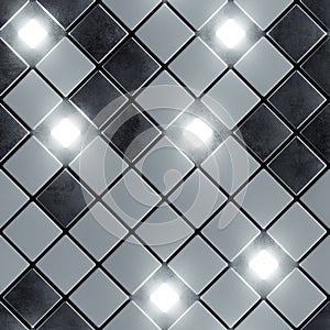 Seamless pattern of black concrete and illuminating cubes 3D render