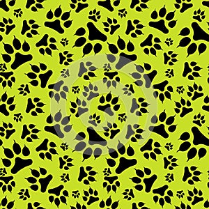 Seamless pattern black dog footprint with claws isolated on green background.