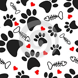 Seamless pattern with black dog paws,hearts and fish bones skeletons on white background. Vector flat cartoon