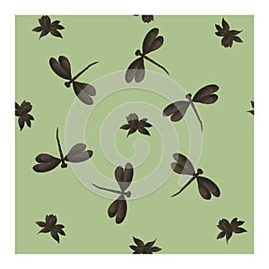 Seamless pattern with black dragonflies on a green background. . Dragonfly and flowers.