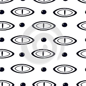 Seamless pattern with black evil mystical eyes on white background in a hand drawn style. Illustration with magic