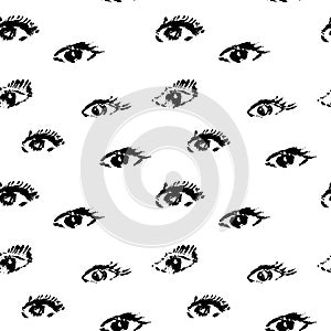 Seamless pattern with black eyes on white background in grunge style, real halftone print