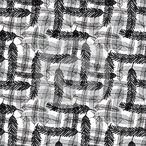 Seamless pattern with black feathers. Vector checkered monochrome texture for wrapping or textile.