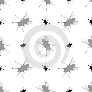 Seamless pattern black fly silhouette isolated, white background, bloodsucking insect repeating ornament, animal wallpaper