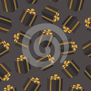 Seamless pattern with black gift boxes. Birthday present boxes with gold ribbon bow.