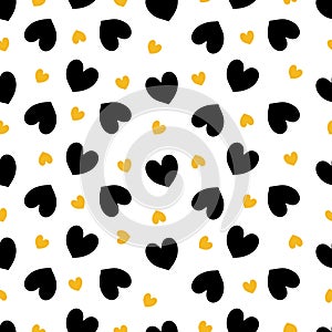 Seamless pattern with black and gold hearts on a white background. Vector illustration.