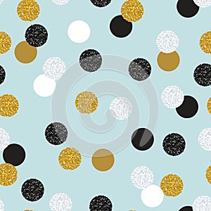 Seamless pattern in black, golden, and white glitter polka dots. Vector illustration, abstract background