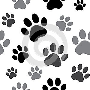 Seamless pattern with black and gray silhouette animal paw track on white background. Vector illustration