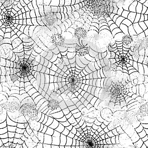 Seamless pattern of black Halloween spider webs on white background.