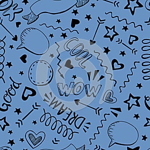 Seamless pattern of black hand drawn lettering and design element