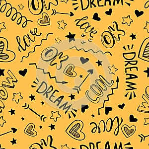 Seamless pattern of black hand drawn lettering and design element