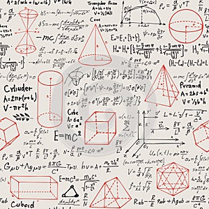 Seamless pattern with black handwritten text mathematical formulas and equations