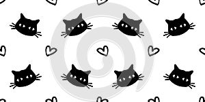 Seamless pattern of black heads of cats and hearts. Pet shop silhouette print. Illustration isolated on white background. Vector