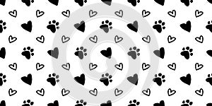 Seamless pattern of black hearts and pet paw silhouette print. Abstract animal wallpaper and fabric design and decor. Illustration