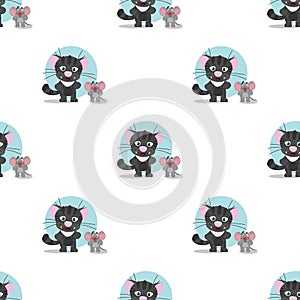 Seamless pattern with a black kitten and a gray mouse. Serial rhythmic pattern