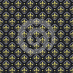 Seamless pattern with black leather upholstery, golden fleur de lis.