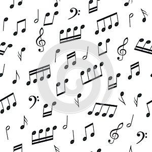 Seamless pattern black notes silhouettes. Musical graphic elements, melody signs and symbols on white background