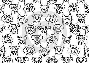 Seamless pattern with black outline doodle dogs faces. Cute dog head sketches background