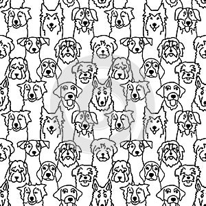 Seamless pattern with black outline doodle dogs faces. Dogs breeds