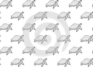 Seamless pattern of black outline hand-drawn stylized turtles with zentangle ornament on a white background. Reptile animals with