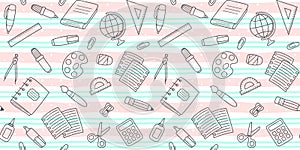 Seamless pattern with black outline school supplies on a soft striped background with dots