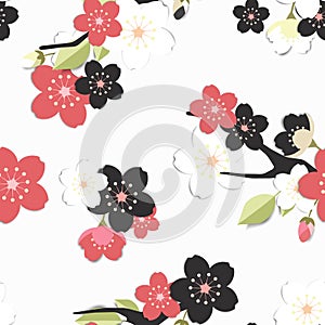 Seamless pattern, black, pink and white sakura flowers on grey background, paper art/paper cutting style