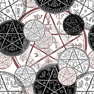 Seamless pattern with black and red magic seals with pentagram on white