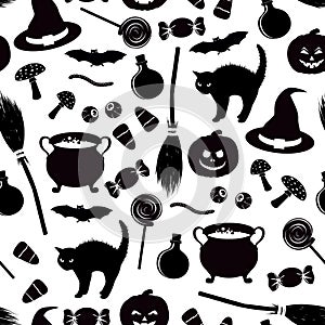 Seamless pattern with black related halloween holiday silhouettes. Traditional witches attributes.