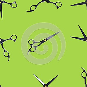 Seamless pattern of black scissors. professional hairdresser black scissors isolated on green. Black barber scissors