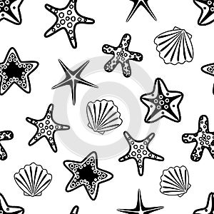 Seamless pattern with black seashells and starfishes. Underwater background. Vector illustration