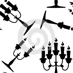 Seamless pattern. Black silhouette. Candles in candlesticks set. Silver candelabra with red burning candles. Flat 