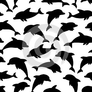 Seamless pattern with black silhouette dolphins on white. design for holiday greeting card and invitation of baby shower, birthday
