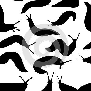 Seamless pattern of black silhouette slug cartoon animal design flat vector illustration on white background