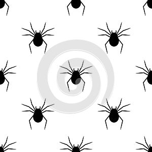 Seamless pattern with black silhouette of spider on white background. Halloween decorative texture. Vector illustration for design