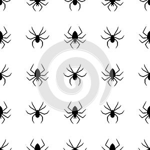 Seamless pattern with black silhouette of spider on white background. Halloween decorative texture. Vector illustration for design