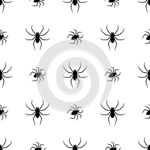 Seamless pattern with black silhouette of spider on white background. Halloween decorative texture. Vector illustration for design