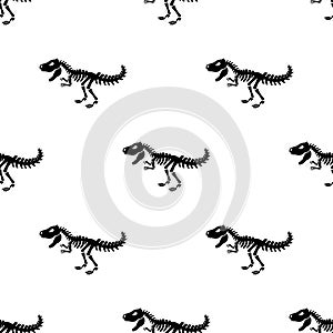 Seamless pattern with black silhouette tyrannosaur skeleton. Isolated on white background.