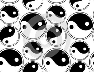 Seamless pattern with black silhouette of Yin yang on white bacground. Wallpaper with buddhism symbol of balance and peace