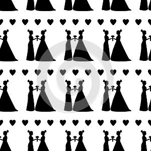 Seamless pattern with black silhouettes of the brides and hearts