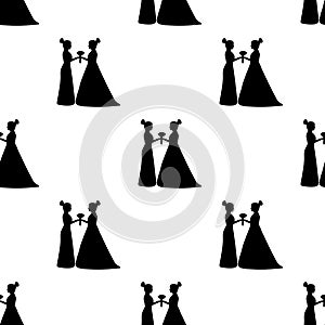 Seamless pattern with black silhouettes of the brides on the white background. Same-sex marriage.