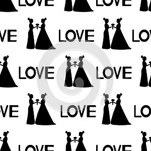 Seamless pattern with black silhouettes of the brides and words