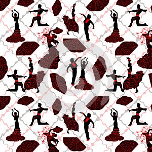 Seamless pattern of black silhouettes of dancing in Flamenco on a geometric fon.