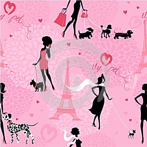 Seamless pattern with black silhouettes of fashionable girls