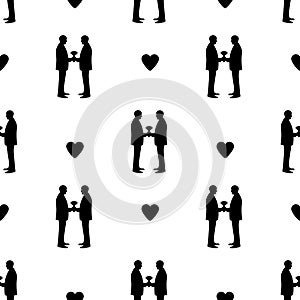 Seamless pattern with black silhouettes of grooms and hearts. Sa