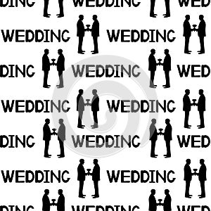 Seamless pattern with black silhouettes of the grooms and words