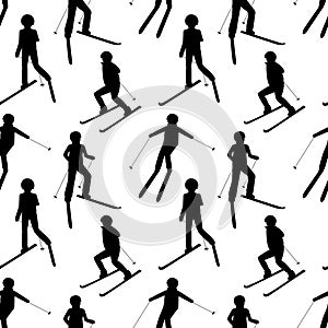 Seamless pattern with black silhouettes of skiing people: man; woman; child. Winter sport games.