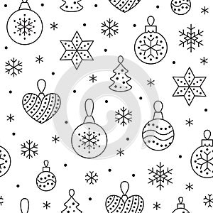 Seamless pattern with black snowflakes and toy balls on white background. Flat line pine tree decoration icons, cute